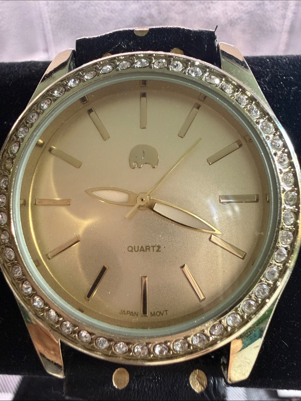 Gold-Tone Crystal Bezel Quartz Watch with Black Strap